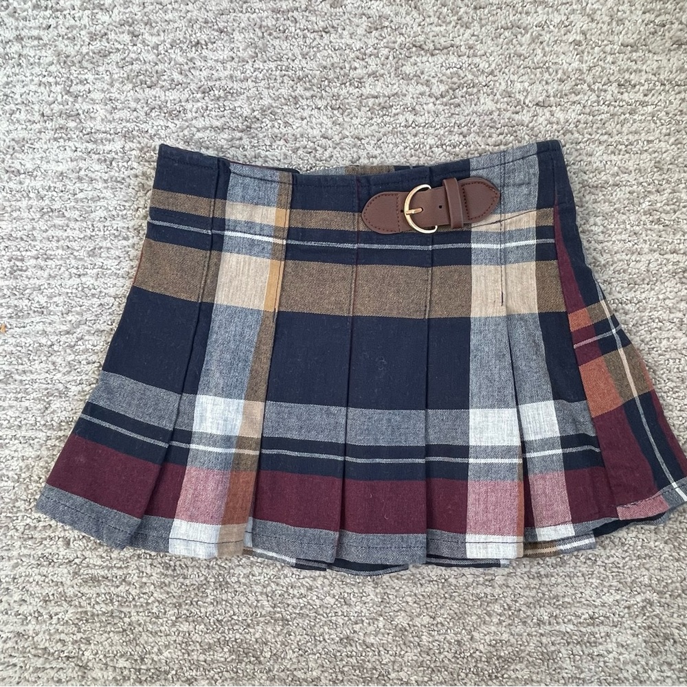 Hope and Henry Plaid Pleated Skirt with Belt - Navy, Burgundy & Tan